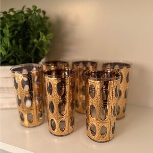 Culver Pisa Crackled 22k Gold Barware set 6 High Ball Glasses Vintage MCM